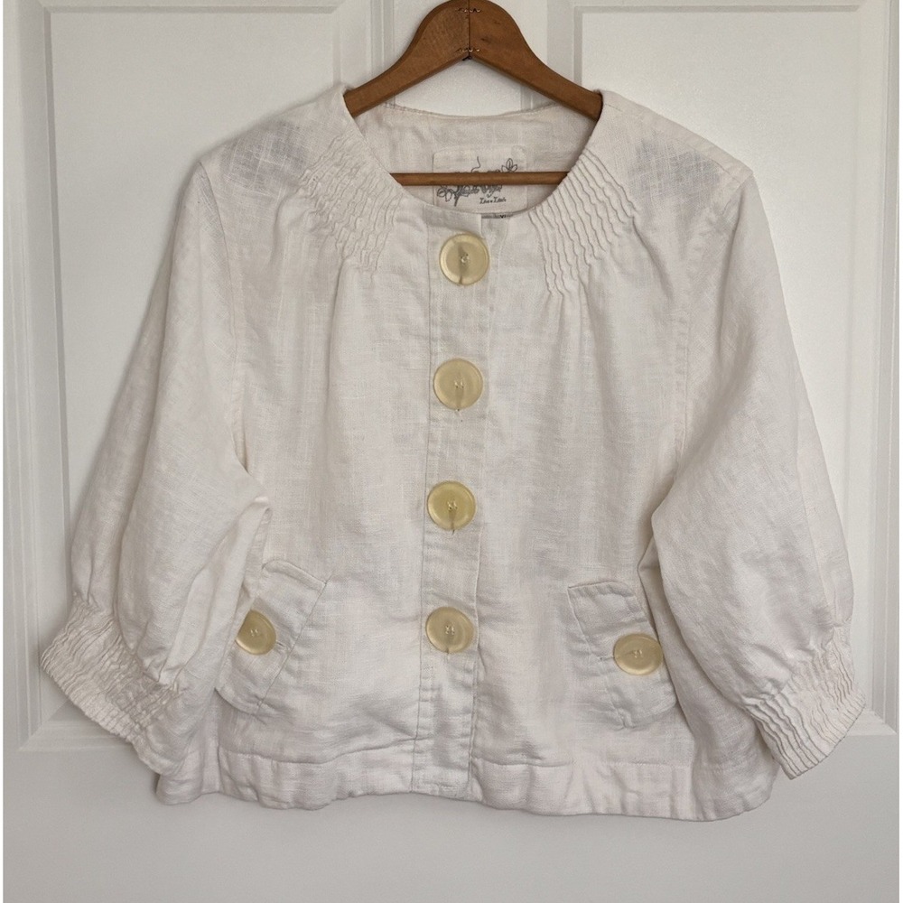 LAL‎ Live a Little White 100% Linen Jacket XL Cropped 3/4 Sleeve Coastal 0740 - Picture 2 of 6